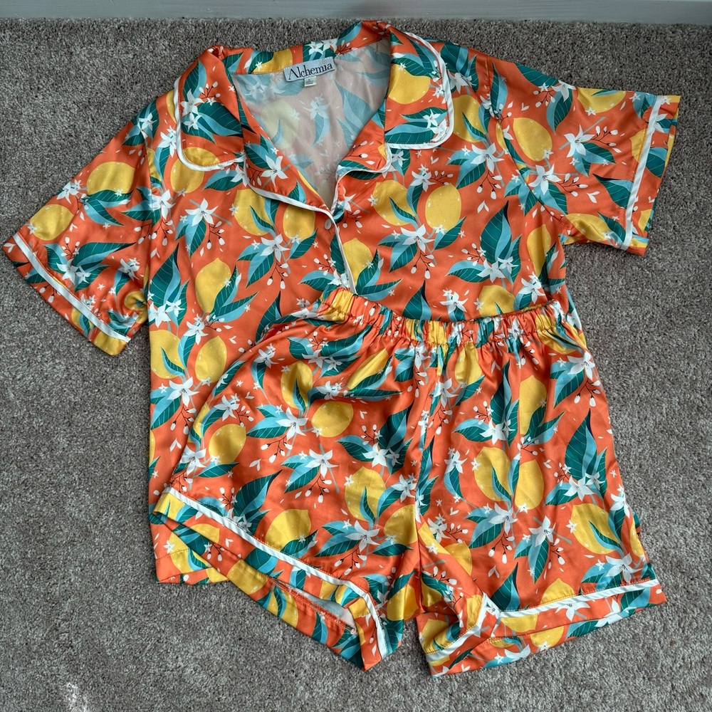 Orange Print Lemon Satin Short Pajamas